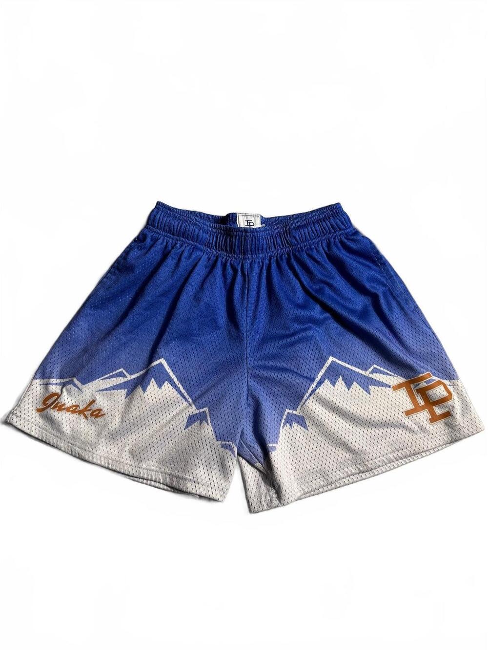 Inaka Power Gradient Blue Athletic Shorts with Mountain Motf